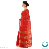  Kota Doria Cotton Zari Stripes Checks saree with Unstitched Blouse piece - Saree Length Size:5.5m Blouse  Length  Size:0.8, Red, Saree And Blouse Fabric:Cotton Blend, Pack of :1